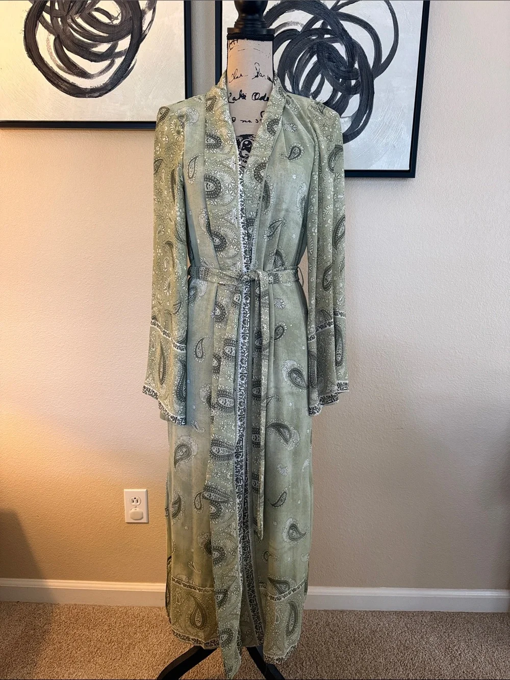 Paisley Long Satin Robe with Tie Belt - Sage Green